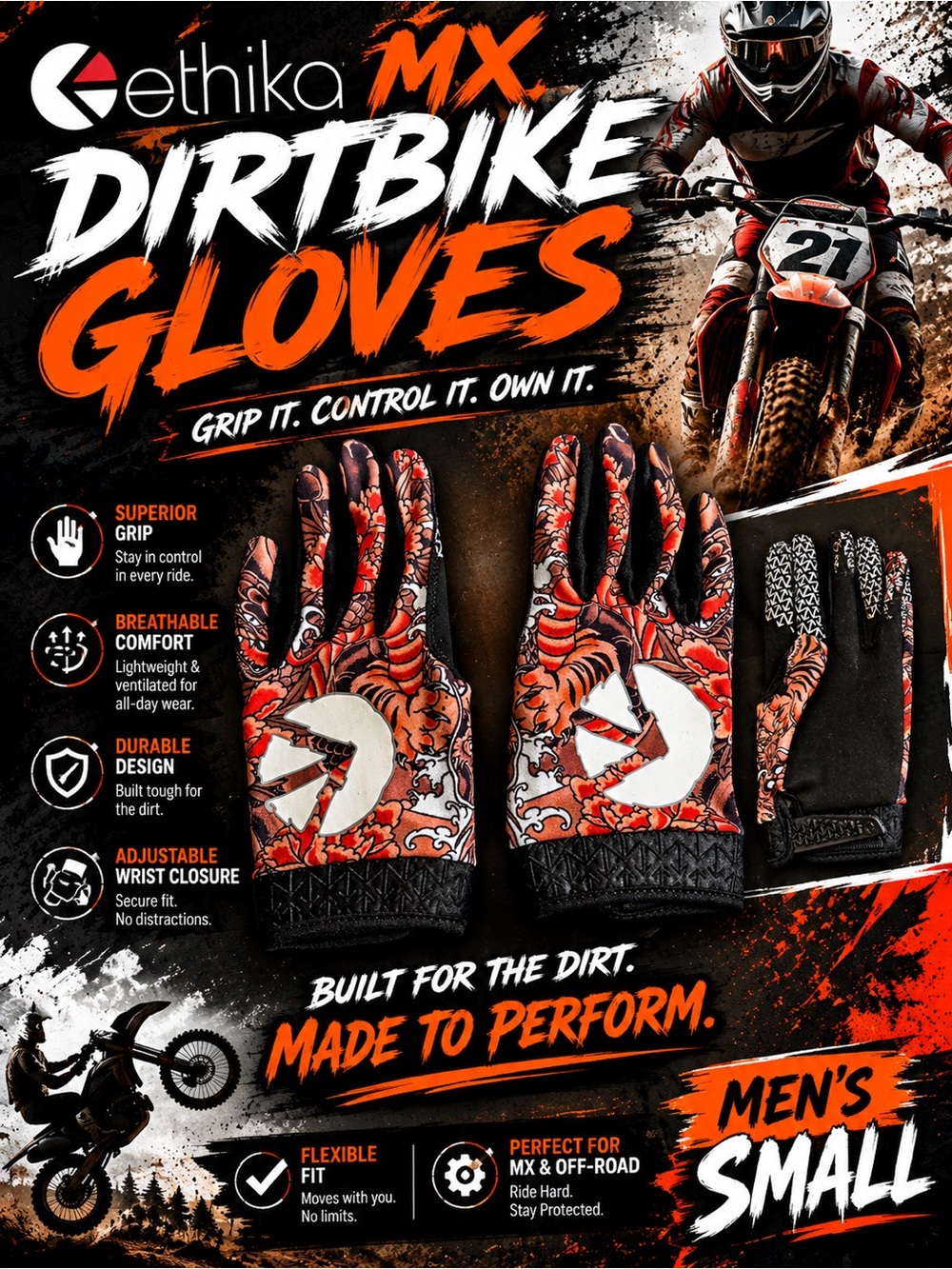 Ethika MX Men's Dirtbike Gloves — Red/Black Men’s small